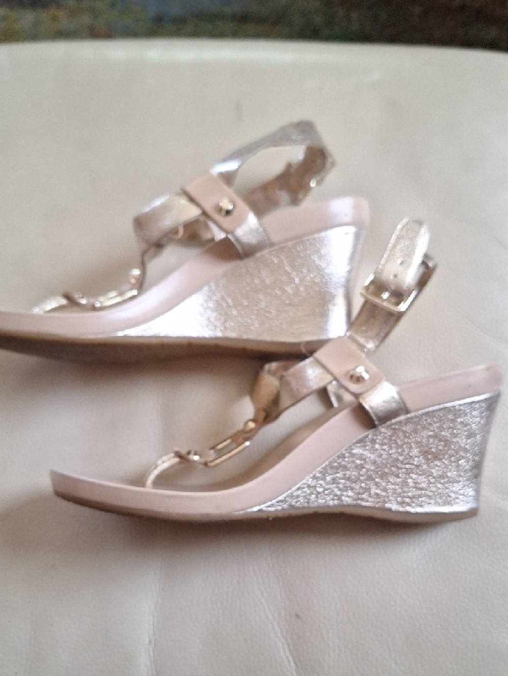 BCBGeneration Metallic Gold Wedge T-Strap Sandals - Picture 3 of 10
